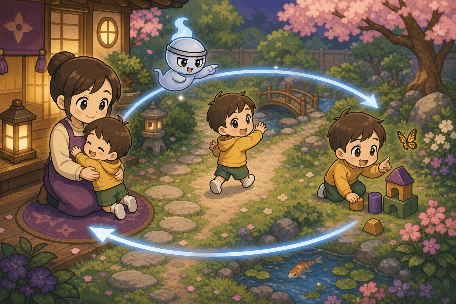 安心できる保育者を基地に子どもが遊びへ出て戻る様子をミタマが案内するイラスト
