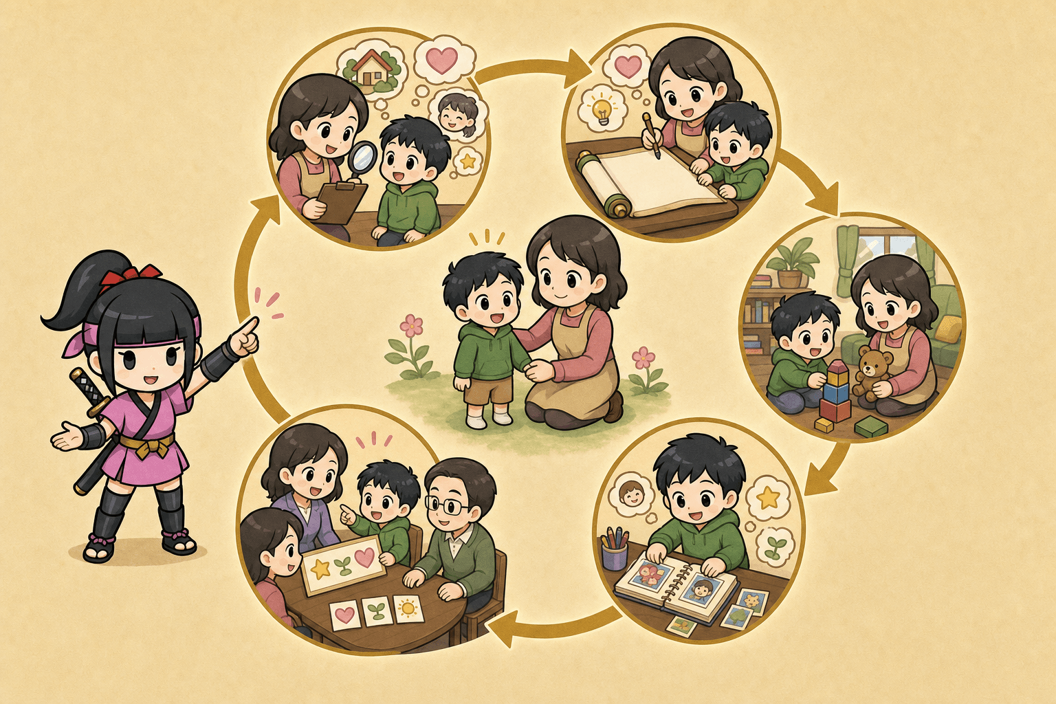 子どもを中心に、観察と対話、計画、生活支援、記録、評価と見直しを咲耶が循環で案内するイラスト