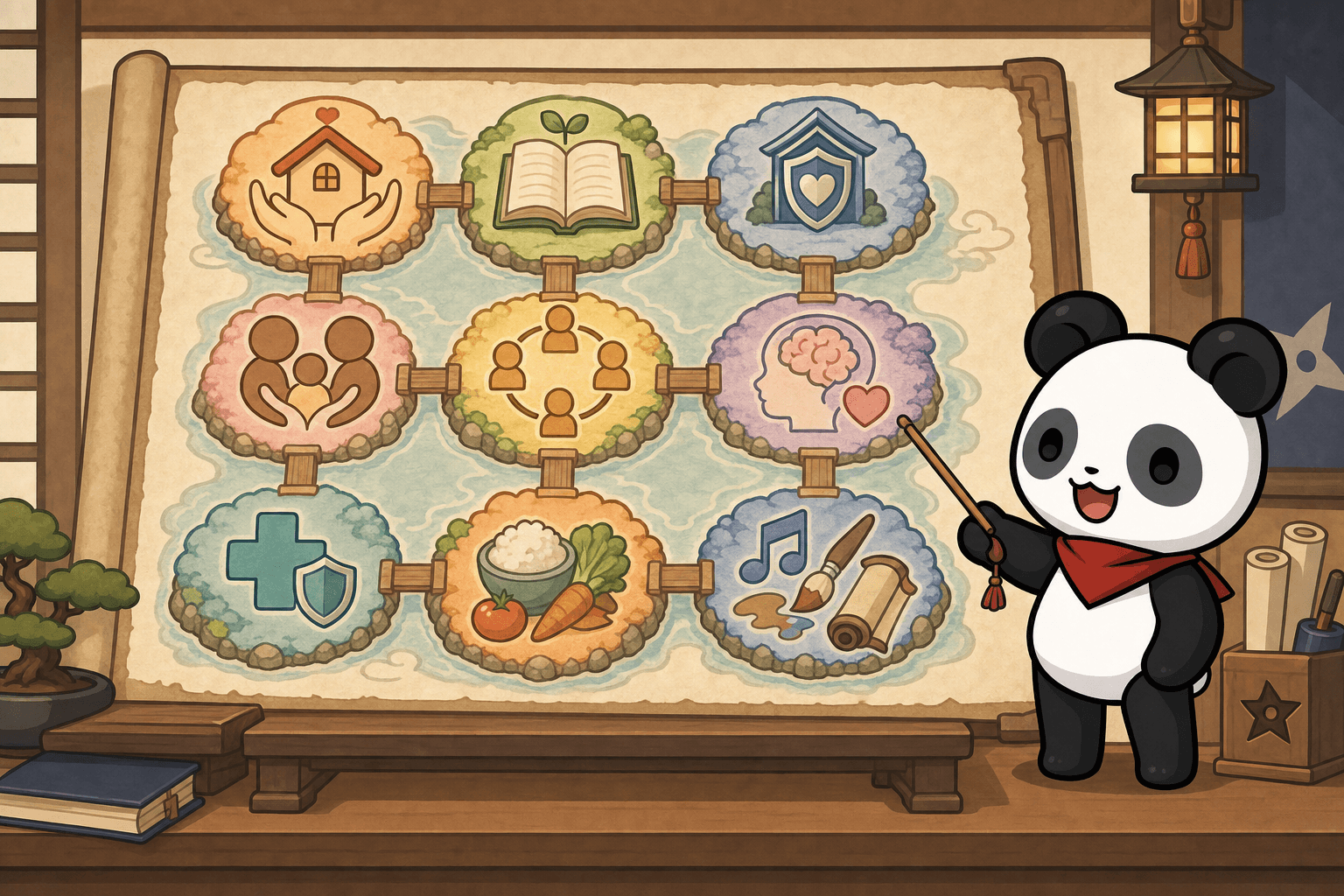 リーリーが9つの学習地域を描いた巻物の地図を案内しているイラスト
